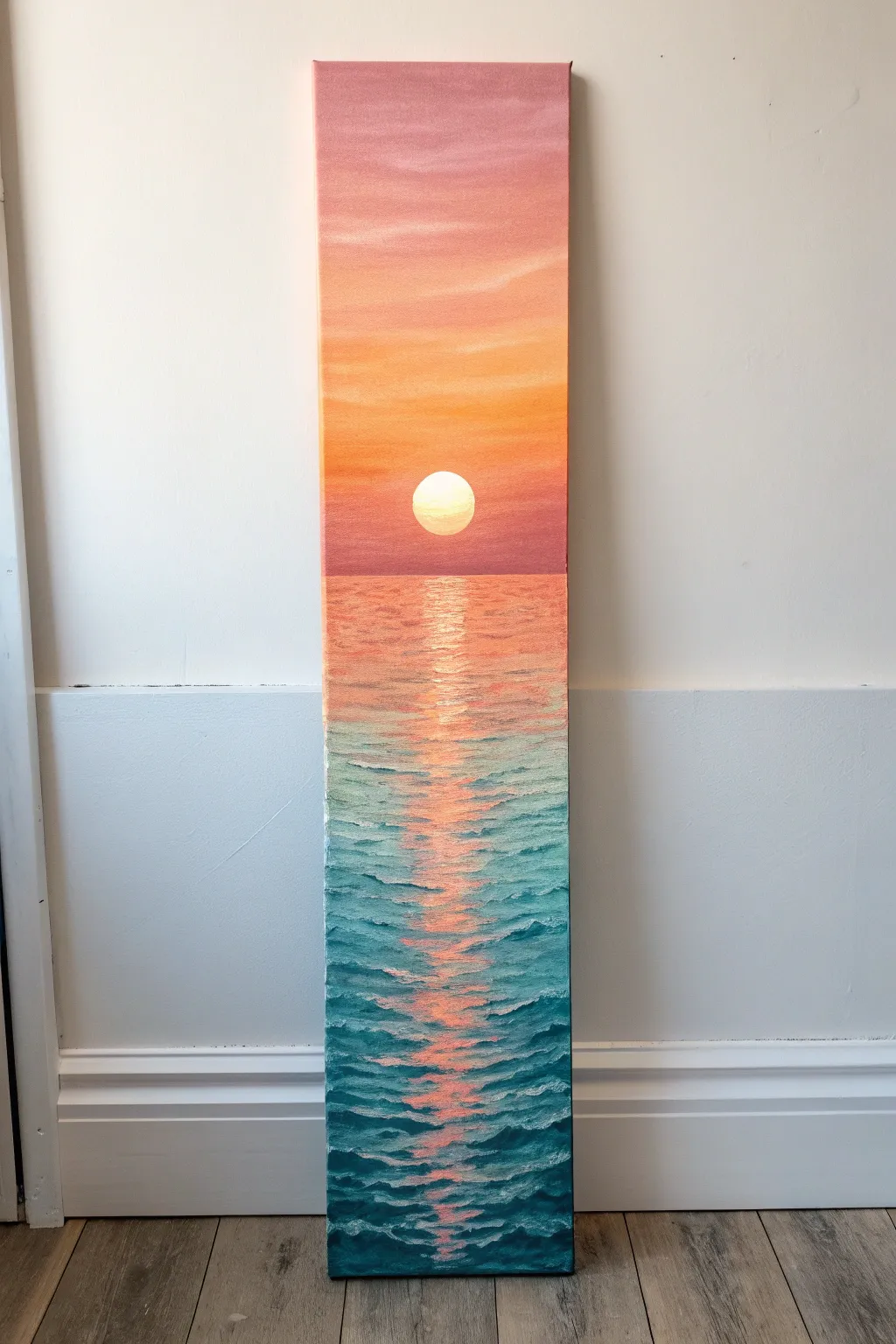 Vertical sunset glow and watery reflection on a long canvas, simple and soothing to paint.