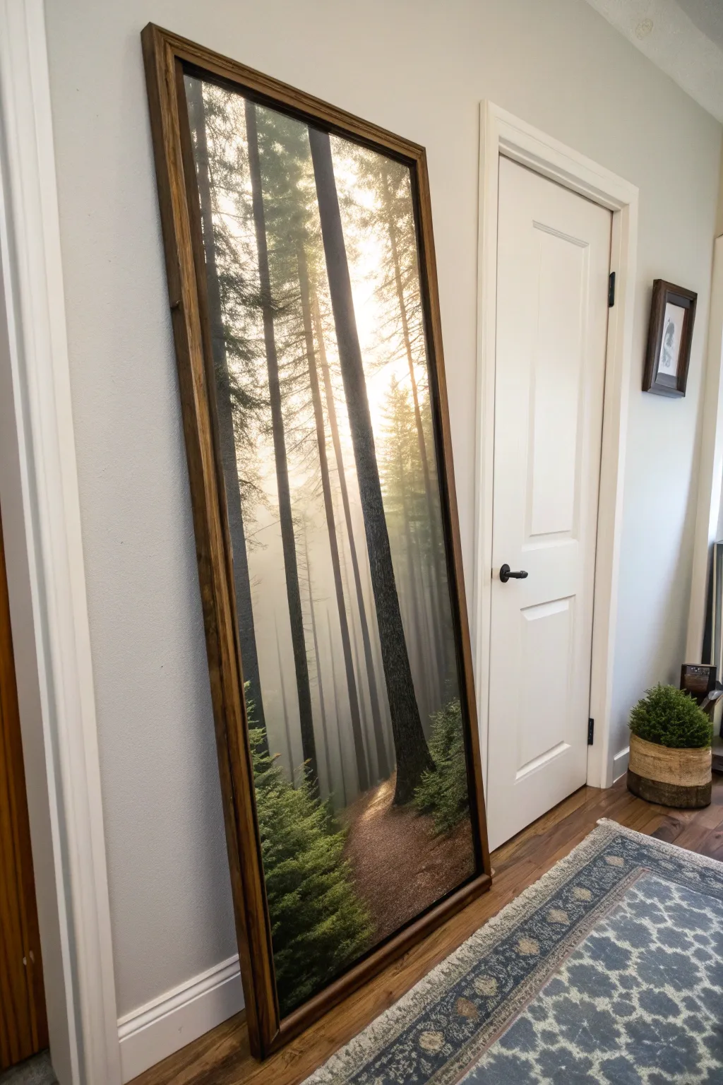 A tall misty pine painting that turns a narrow wall gap into a calm, modern focal point.