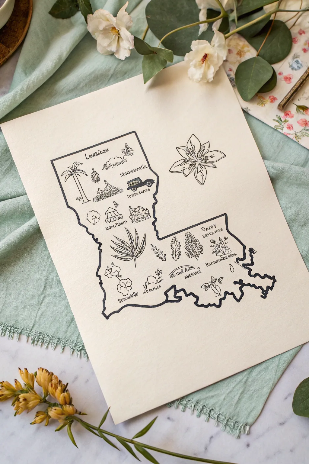 Minimal Louisiana outline collage with tiny state icons in soft boho watercolor tones
