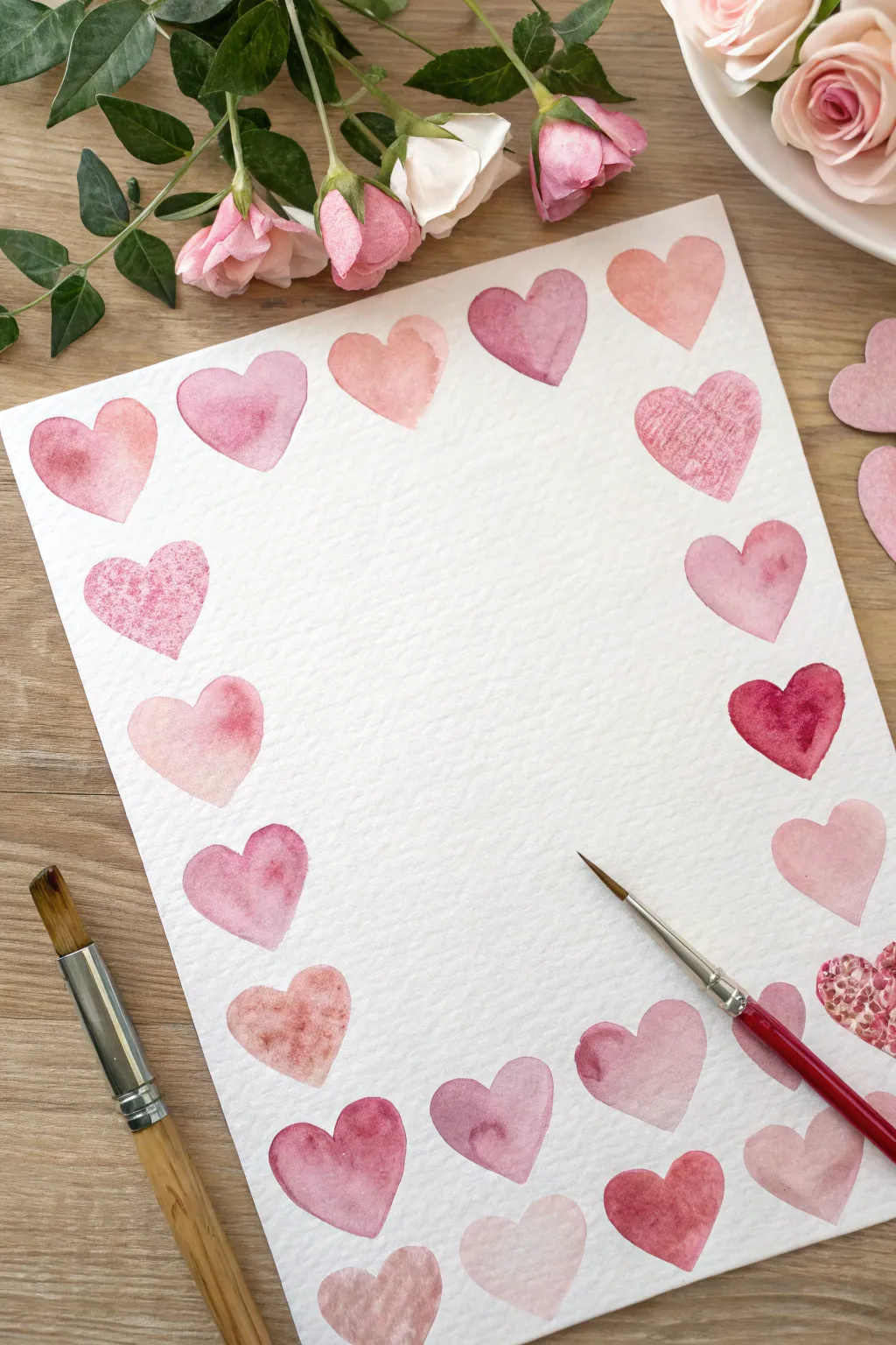 Soft watercolor hearts in blush and crimson washes, perfect for dreamy love art inspiration.