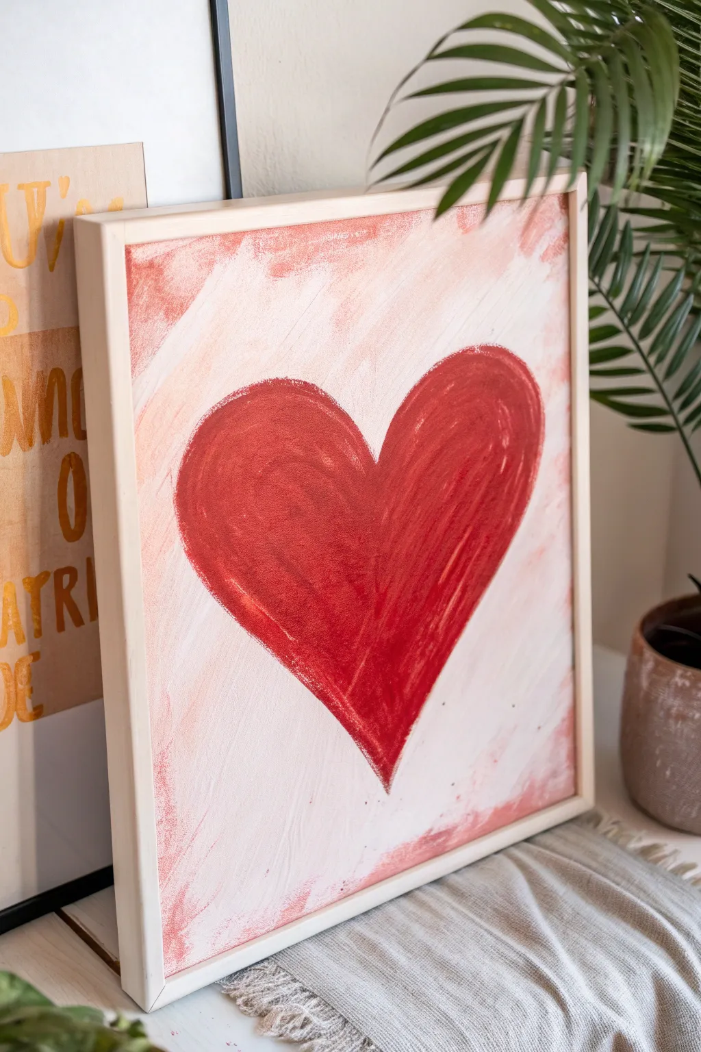 Minimal red heart on a soft pink-to-peach gradient, a classic love canvas painting idea.