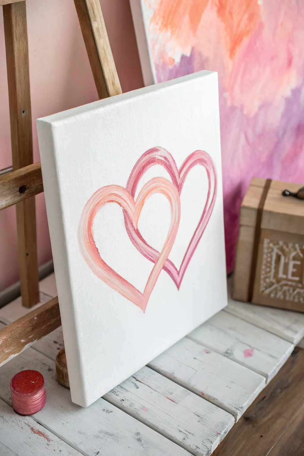 Interlocking hearts on a soft pink-peach-lavender gradient for dreamy minimalist love art