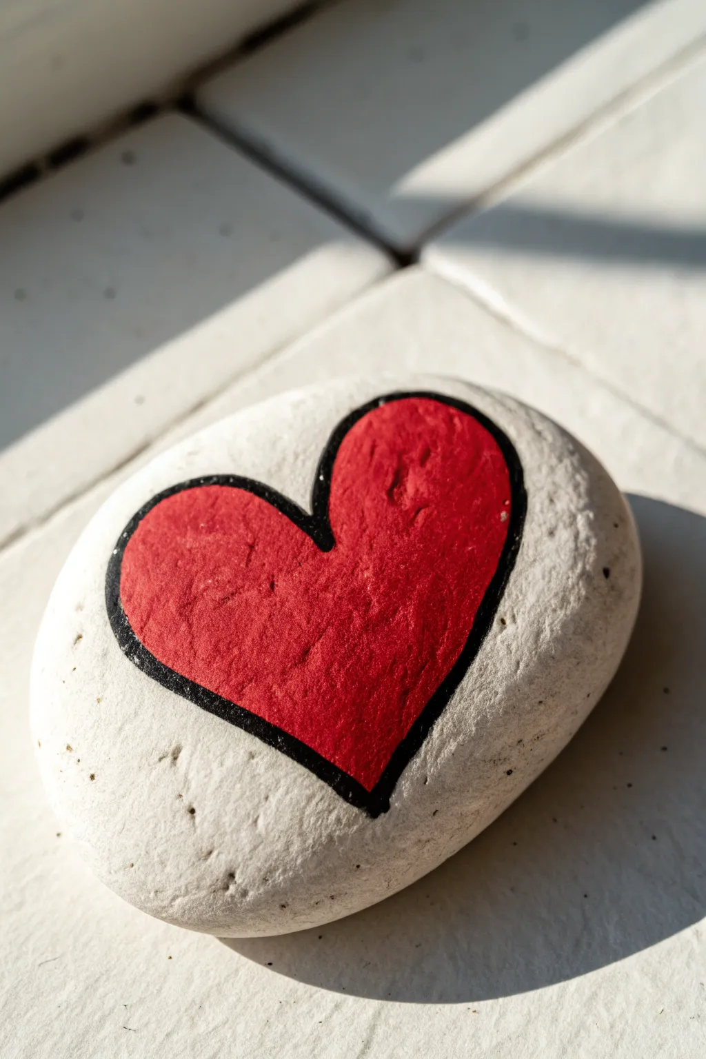 Minimal love rock: smooth oval stone with bold red heart and crisp black outline on clean ivory.