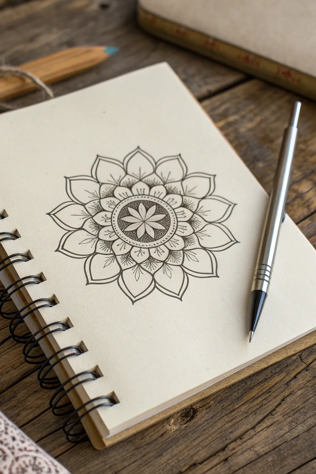 Classic floral mandala seed: a crisp rosette center with gentle pencil guides and simple ring steps.
