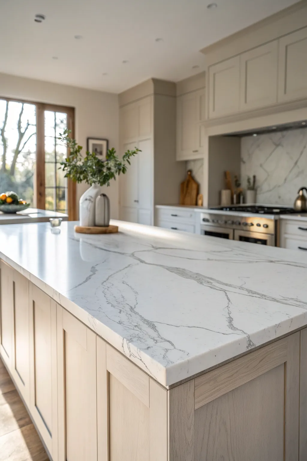 Classic white marble veining in warm daylight, minimalist styling for timeless Scandinavian calm