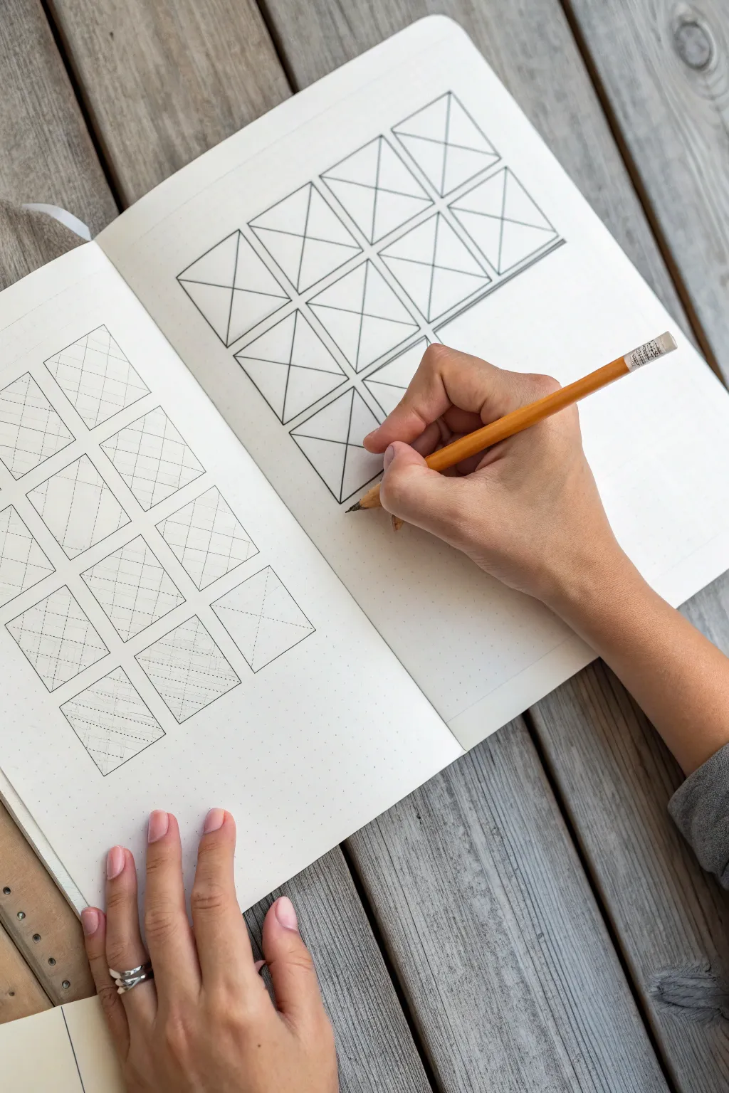 Warm-up swatches of hatching and cross-hatching, from airy light to rich dark graphite.