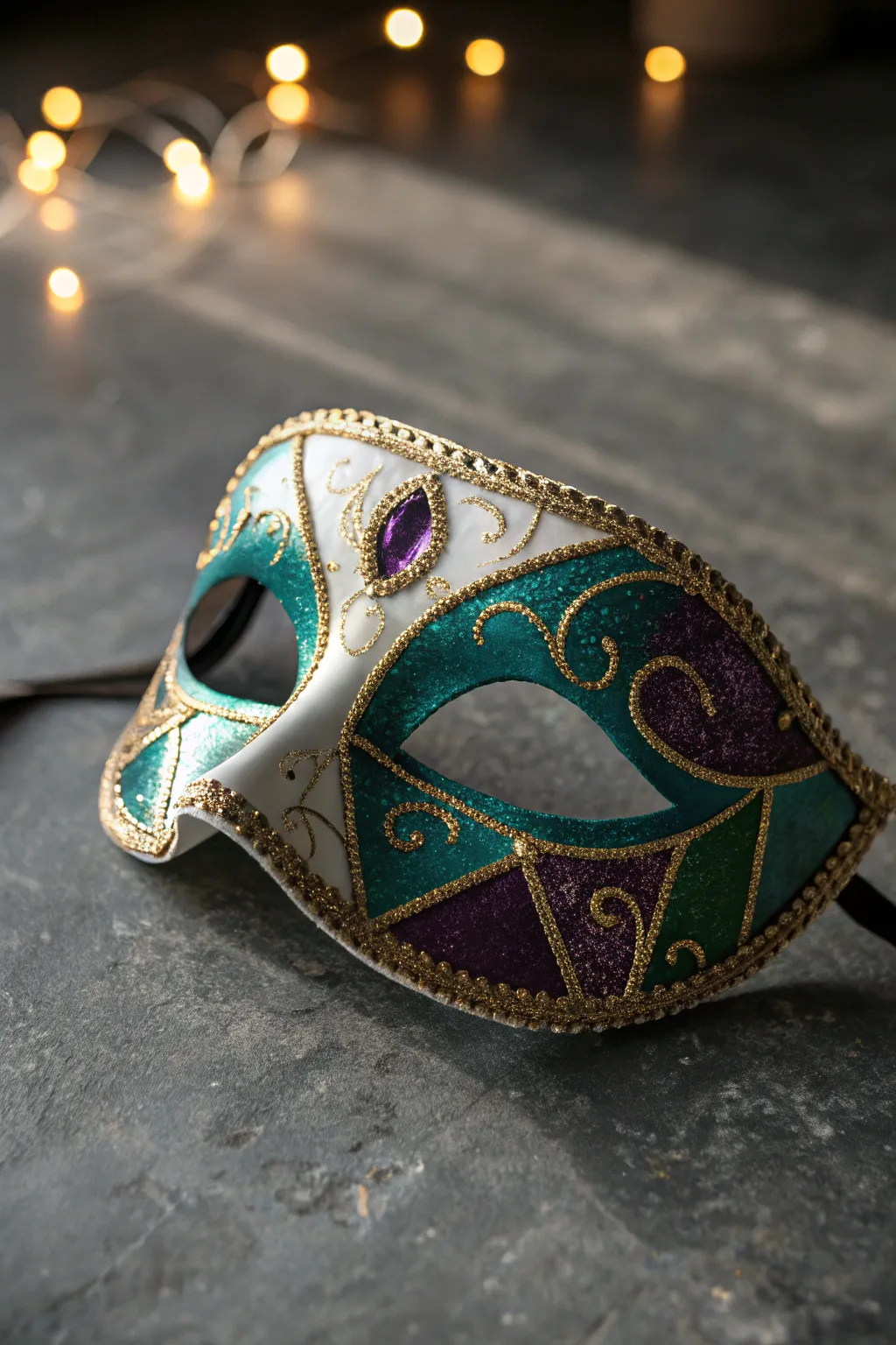 Jewel-toned classic masquerade mask with glitter shimmer, minimalist styling, dramatic light