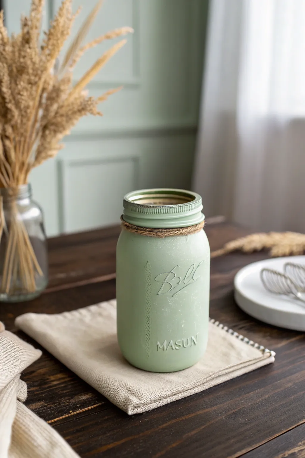 Matte sage mason jar with gently distressed edges on warm wood for a cozy minimalist look.