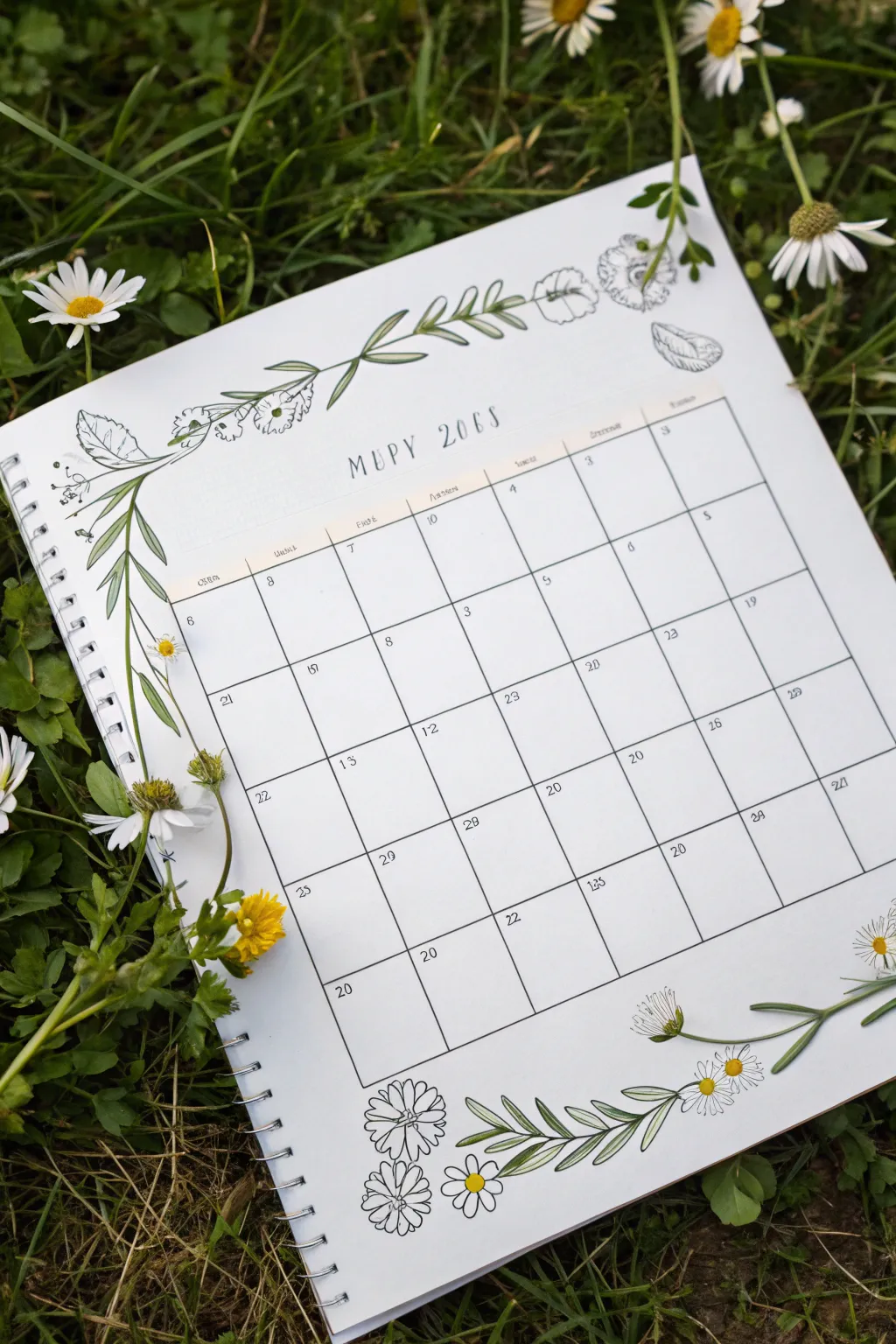 Minimal monthly grid framed by delicate wildflowers, soft pastels, and clean Scandinavian calm