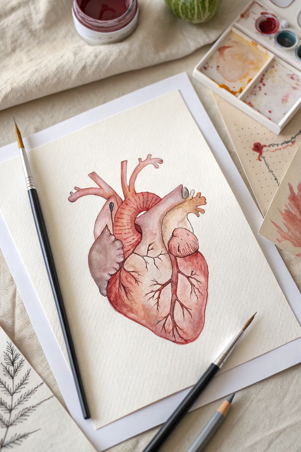 Minimalist watercolor anatomical heart study in soft reds with clean diagram arrows and calm contrast.