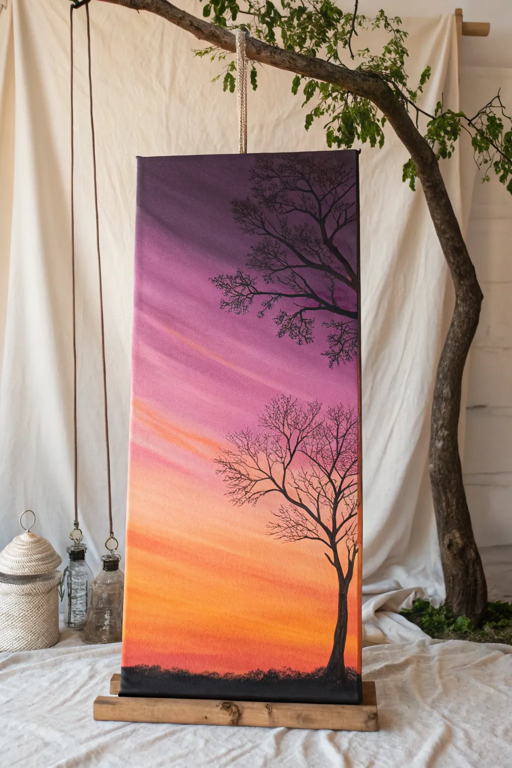 Medium canvas idea: a sunset ombré gradient with a crisp black swing silhouette for bold contrast.