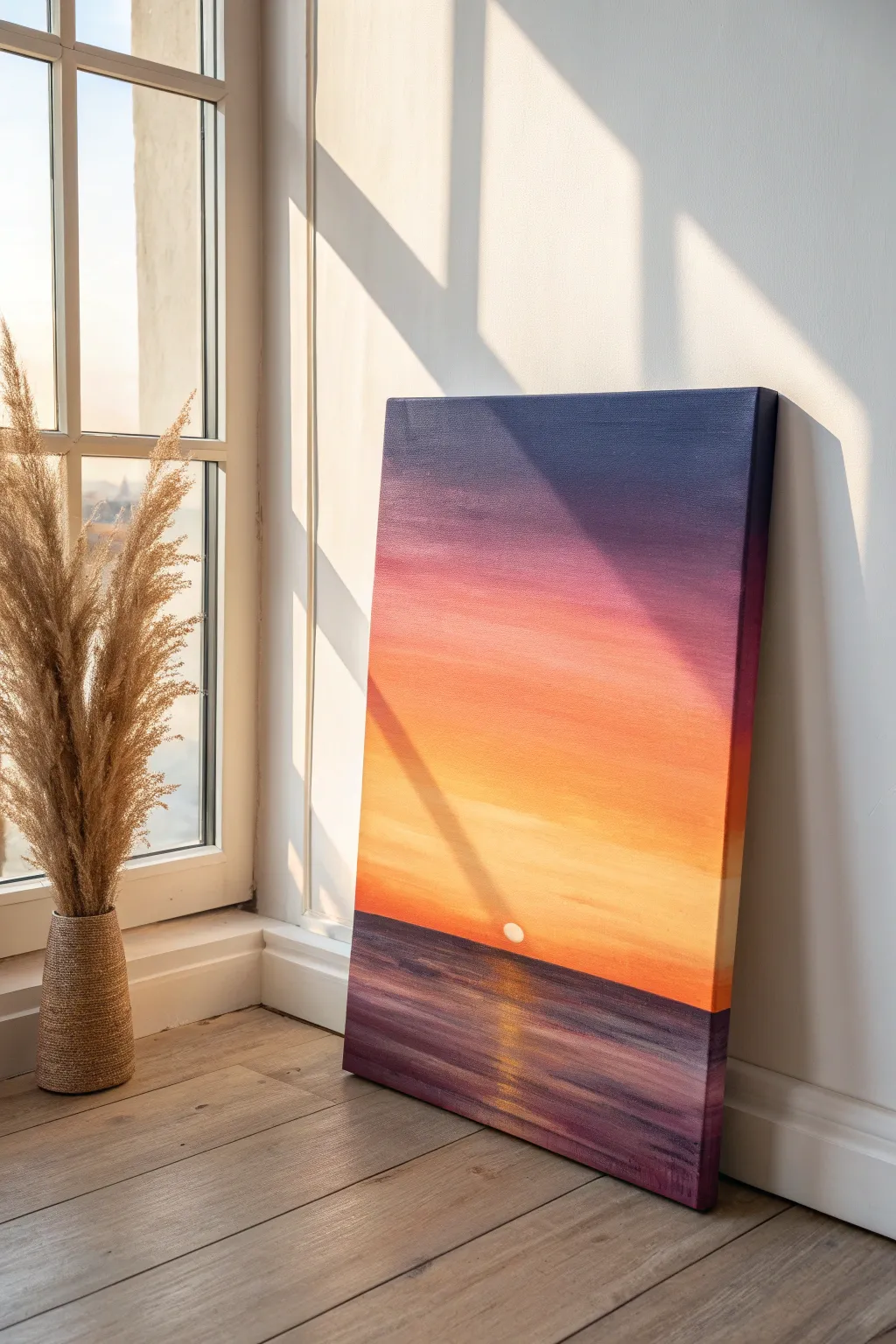 Acrylic sunset gradient idea: smooth orange-to-violet blend with calm golden-hour glow and texture.