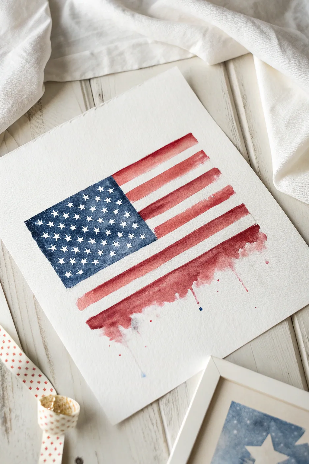 Memorial Day flag wash: soft watercolor edges, bold contrast, and a blank space for dedication.