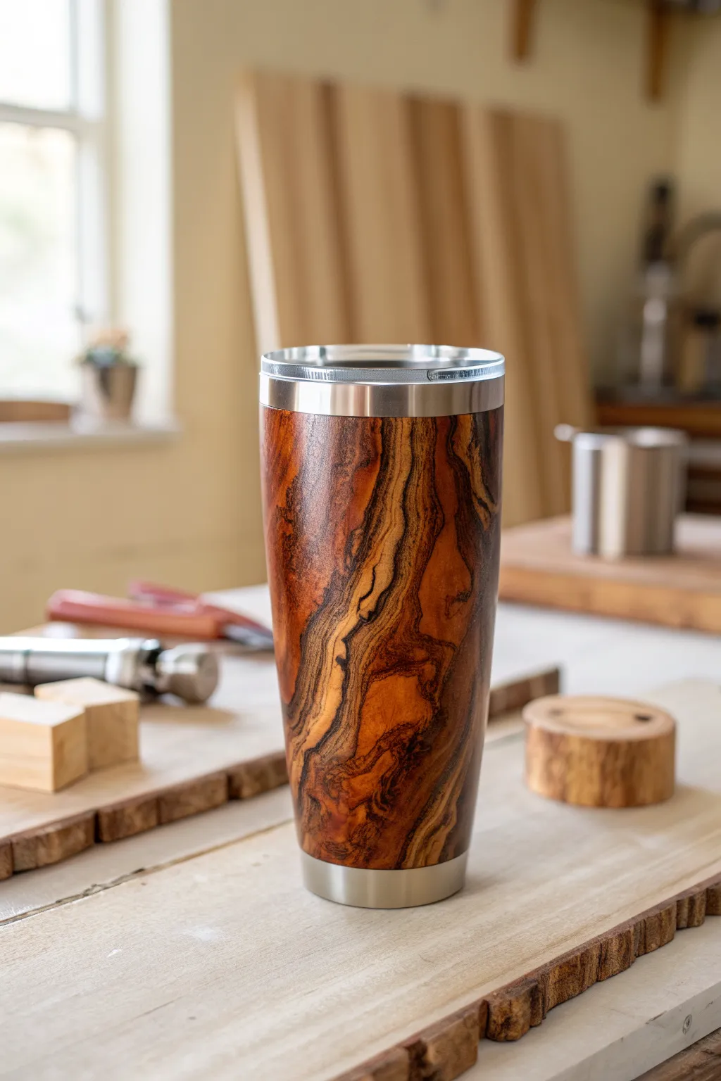 Faux woodgrain epoxy tumbler in warm light, minimalist craft bench styling and cozy contrast.
