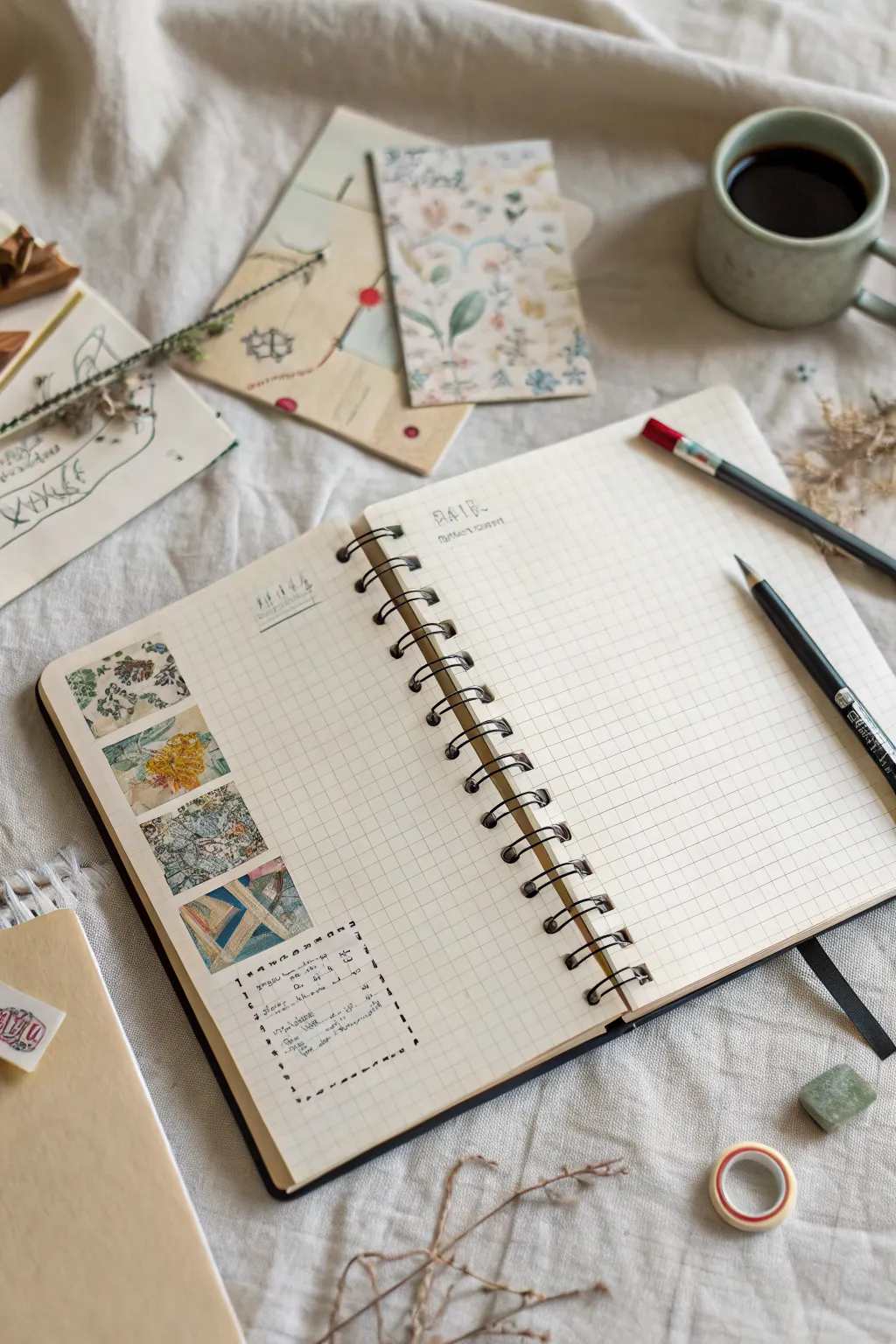 Messy collage sketchbook spread: torn scraps, tape layers, and quick doodles with cozy contrast.