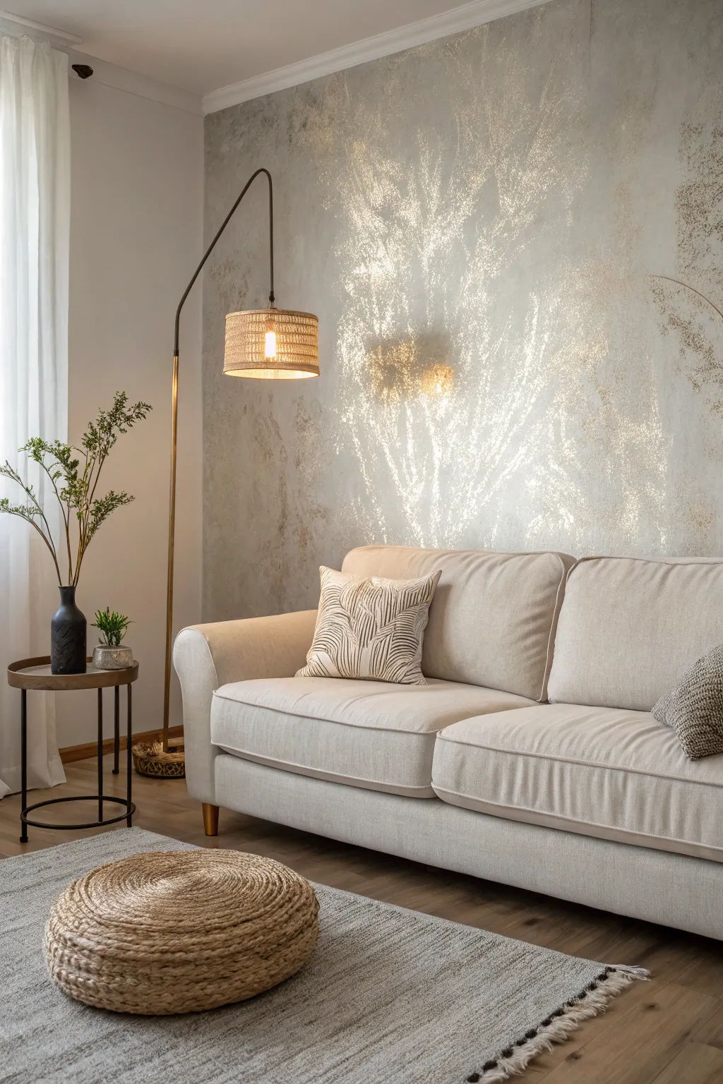 Classic metallic accent wall glowing under warm lamp light for a minimalist Scandi living room
