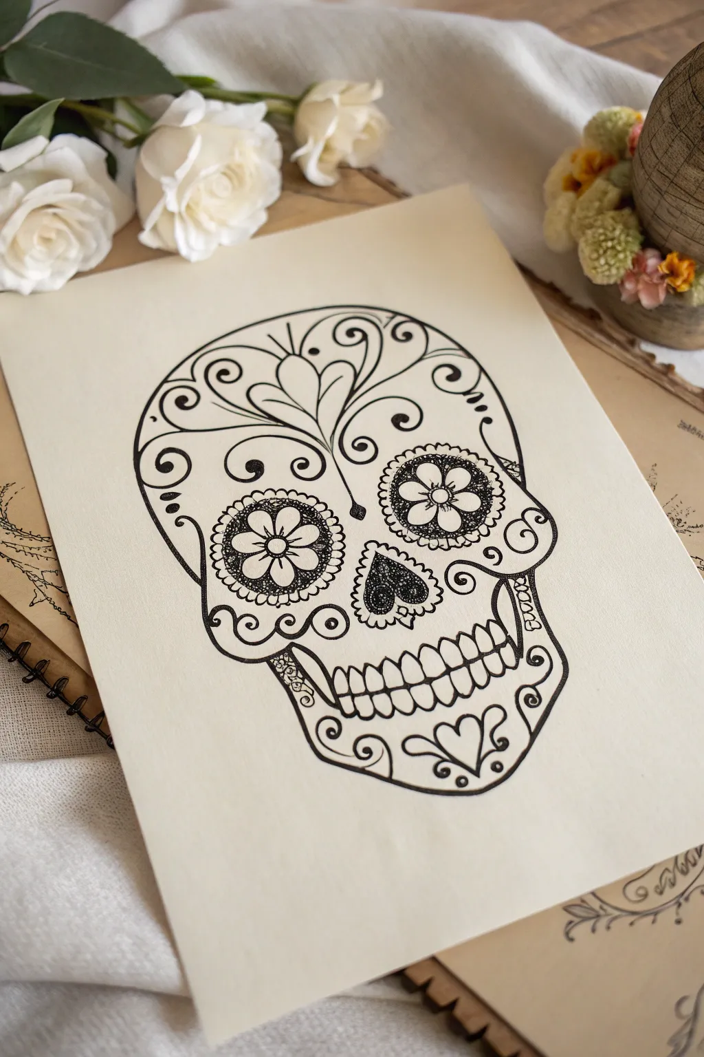 Draw a sugar skull with floral symmetry and leave room for coloring patterns inside the skull