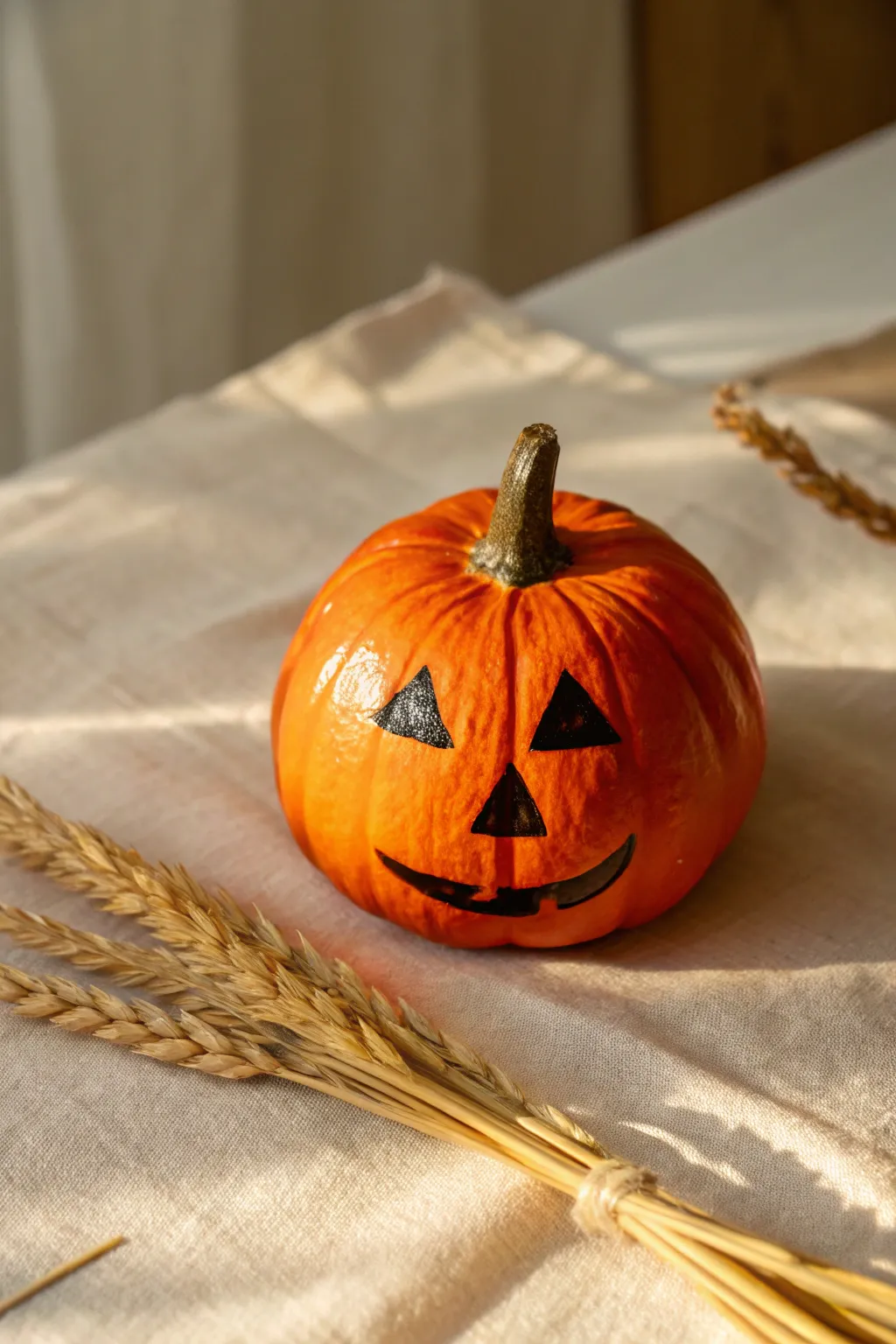 Classic mini jack-o-lantern pumpkin with clean shapes, warm light, and cozy minimalist vibes