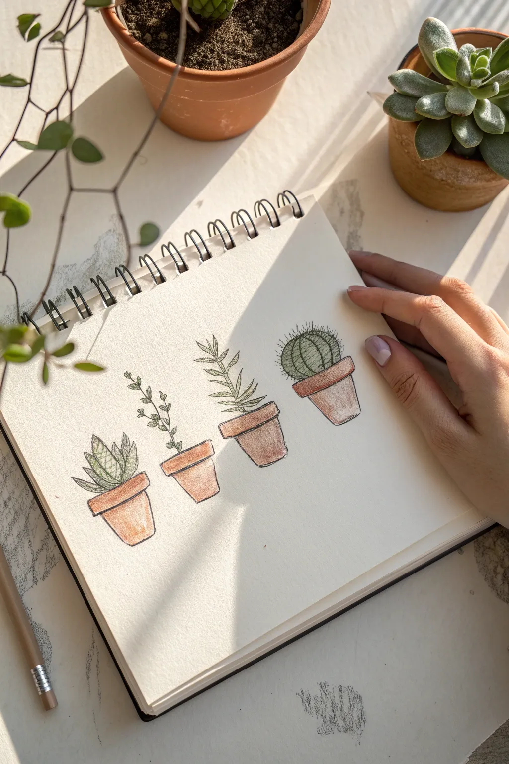 Thumb-sized terracotta plant sketches in a clean minimalist flat lay, perfect for tiny drawing ideas.