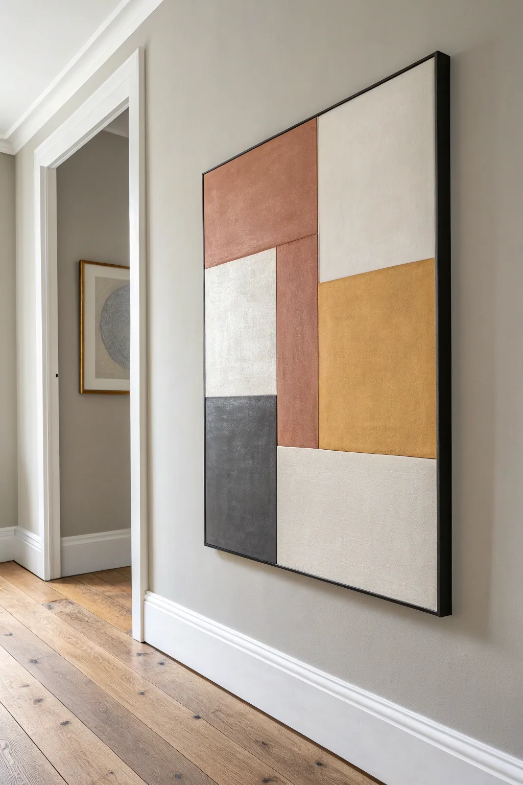 Clean geometric color blocks in warm neutrals, crafted texture, and calming negative space.