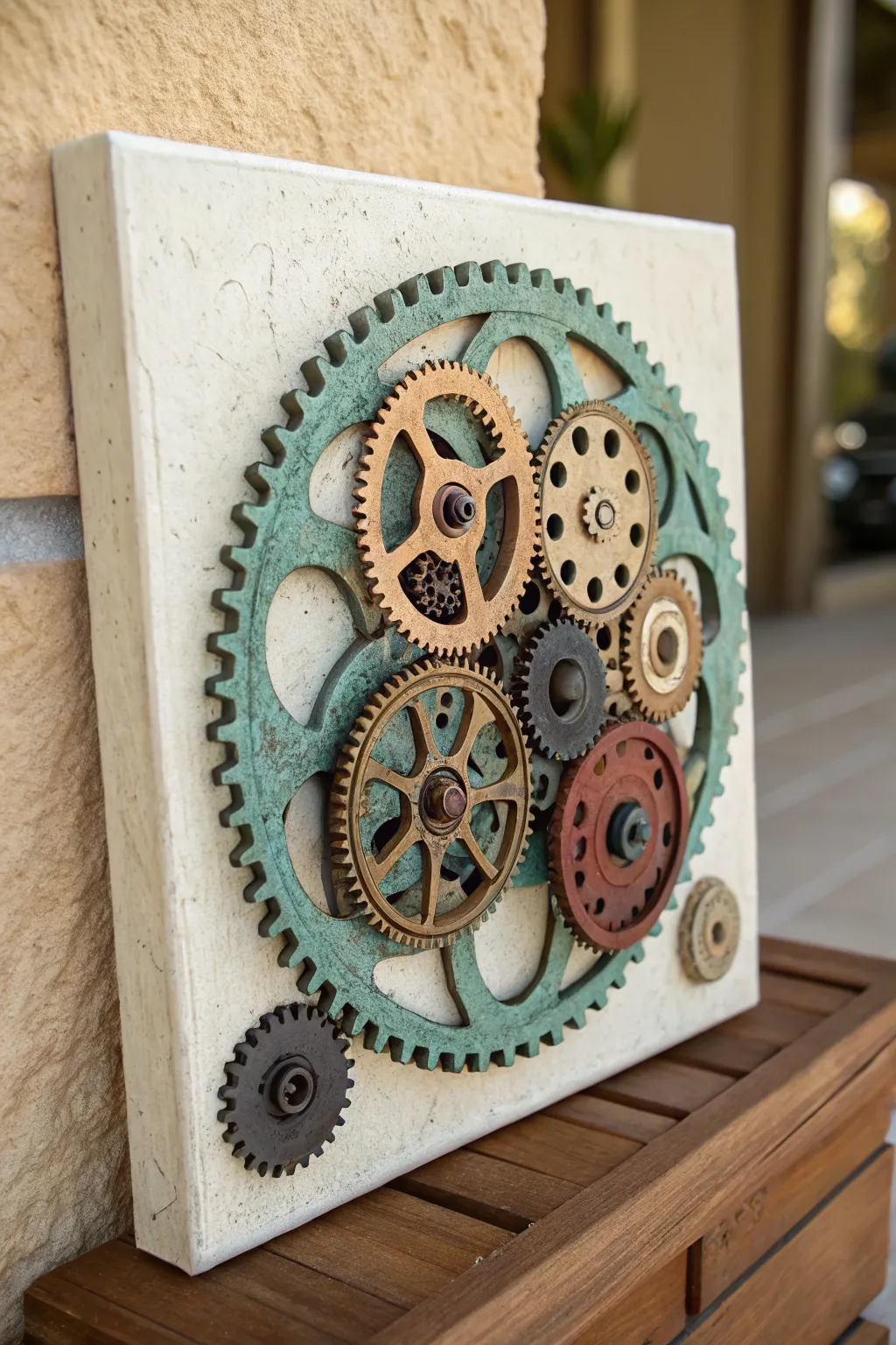 Layered gears and cogs on textured gesso, soft patina tones, and bold mixed media depth