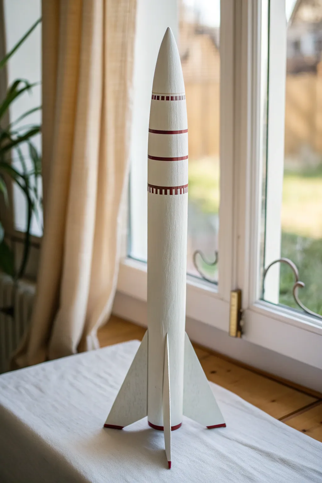 Classic space-age stripes: a clean white model rocket with crisp lengthwise bands
