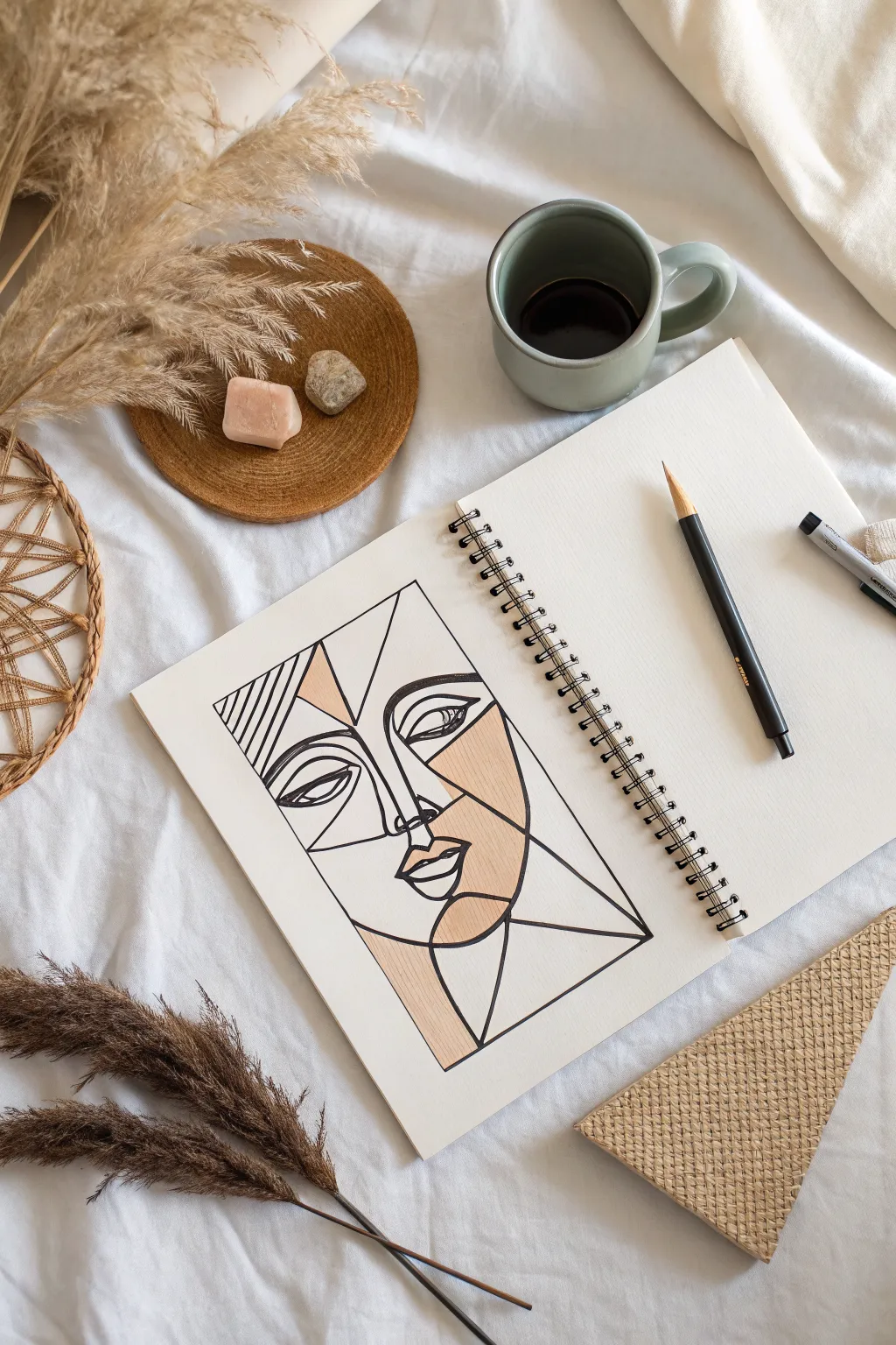 Cubist-style fragmented portrait flat-lay with bold outlines and a calm minimalist studio vibe
