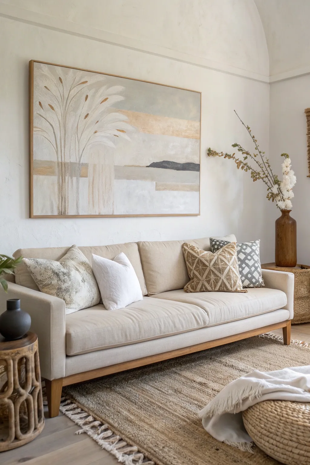 Oversized neutral abstract canvas above a linen sofa, soft beige and gray for calm color harmony.