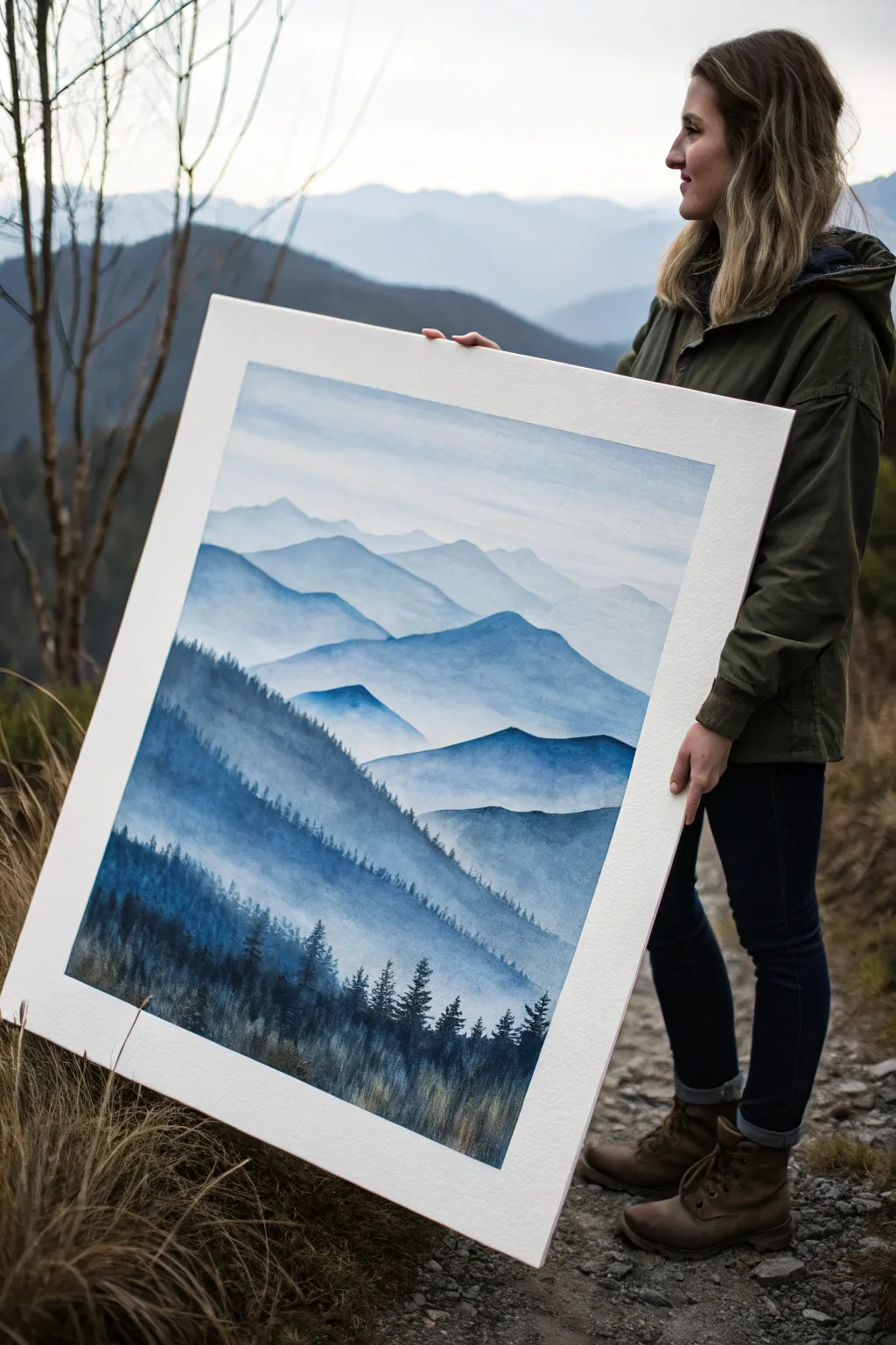 Layered monochrome mountains in calming blues with misty fades for a minimalist painting study
