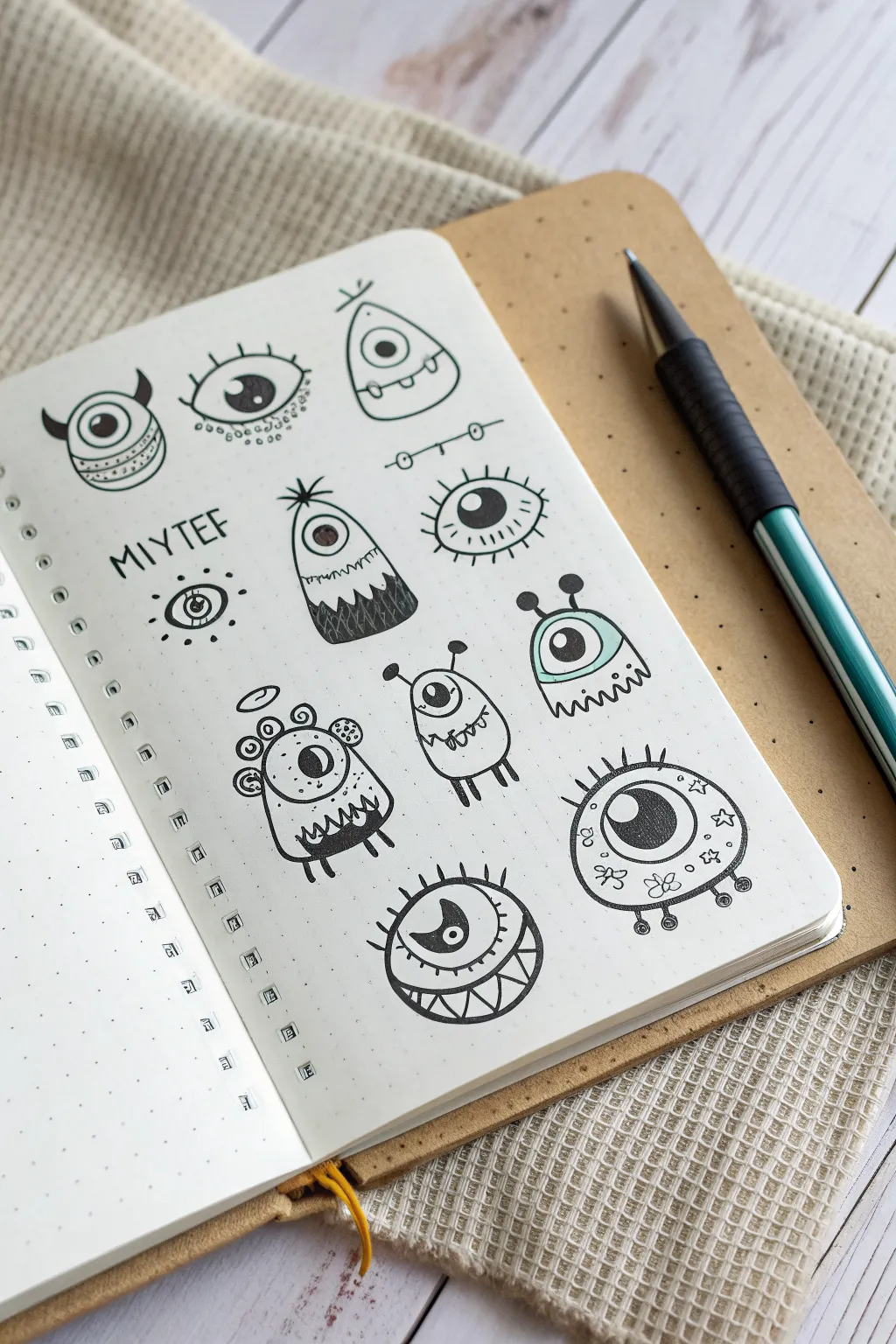 Silly googly-eyed monster face grid with bright accents for easy, playful sketchbook practice