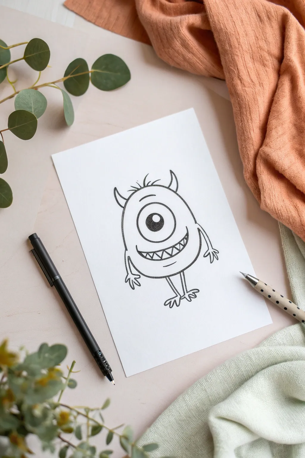 Draw a classic one-eyed monster with bold lines and a friendly grin, perfect for sticker vibes