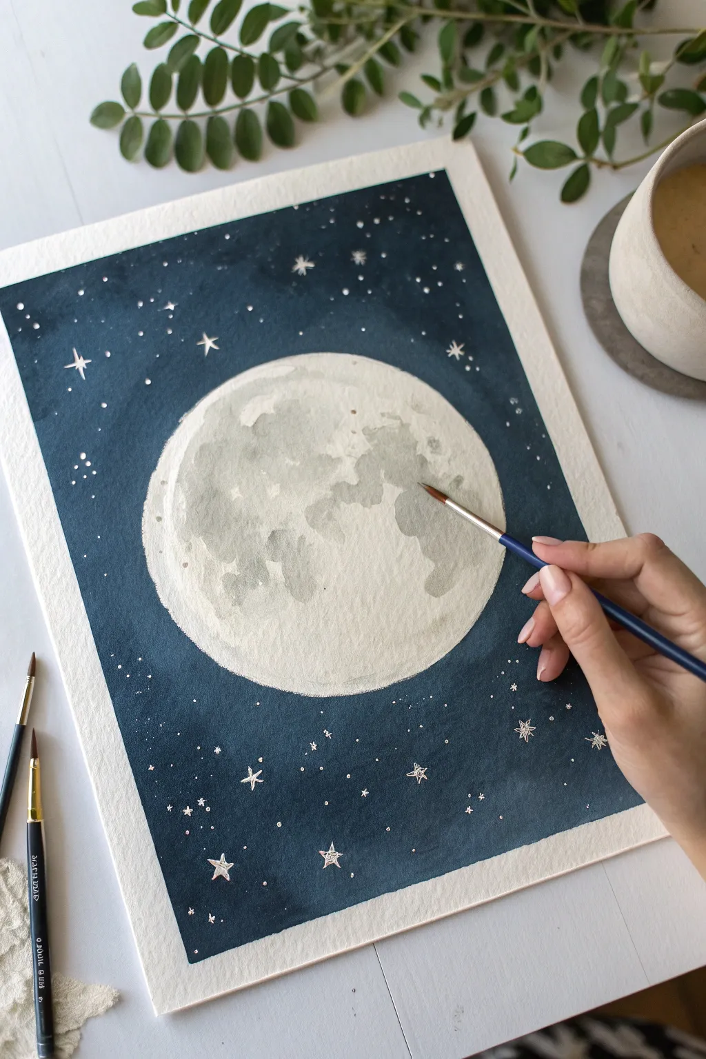 Classic full moon glow with minimalist star splatter, perfect Scandinavian boho night sky art.