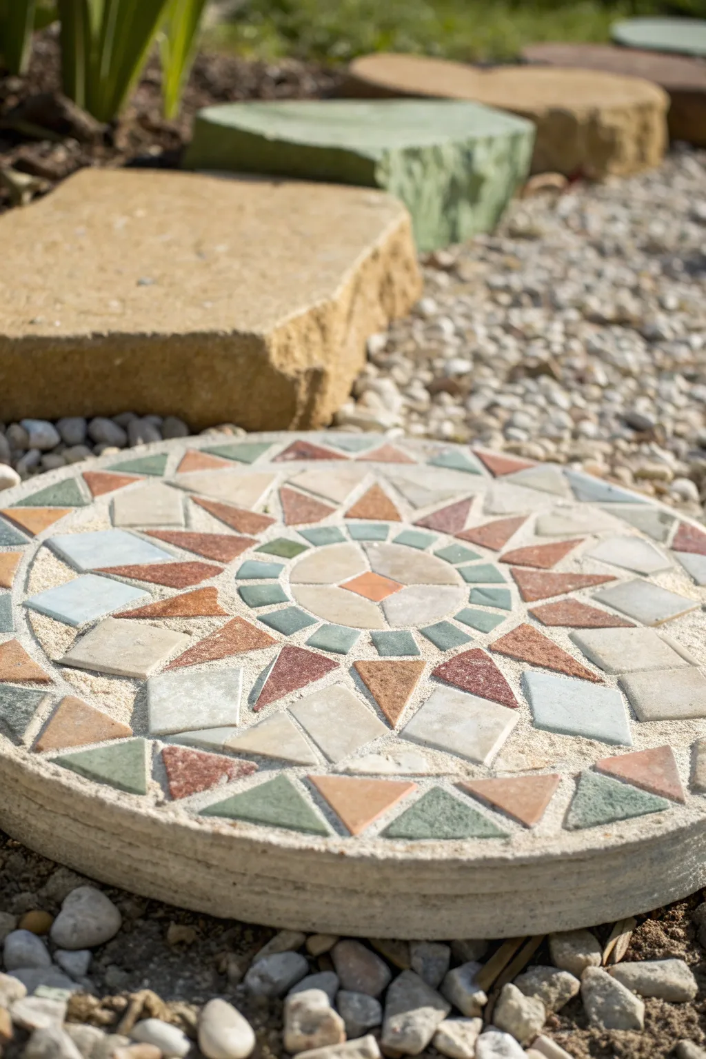 Classic mosaic stepping stone with crisp grout lines, styled in minimalist Scandinavian-boho tones