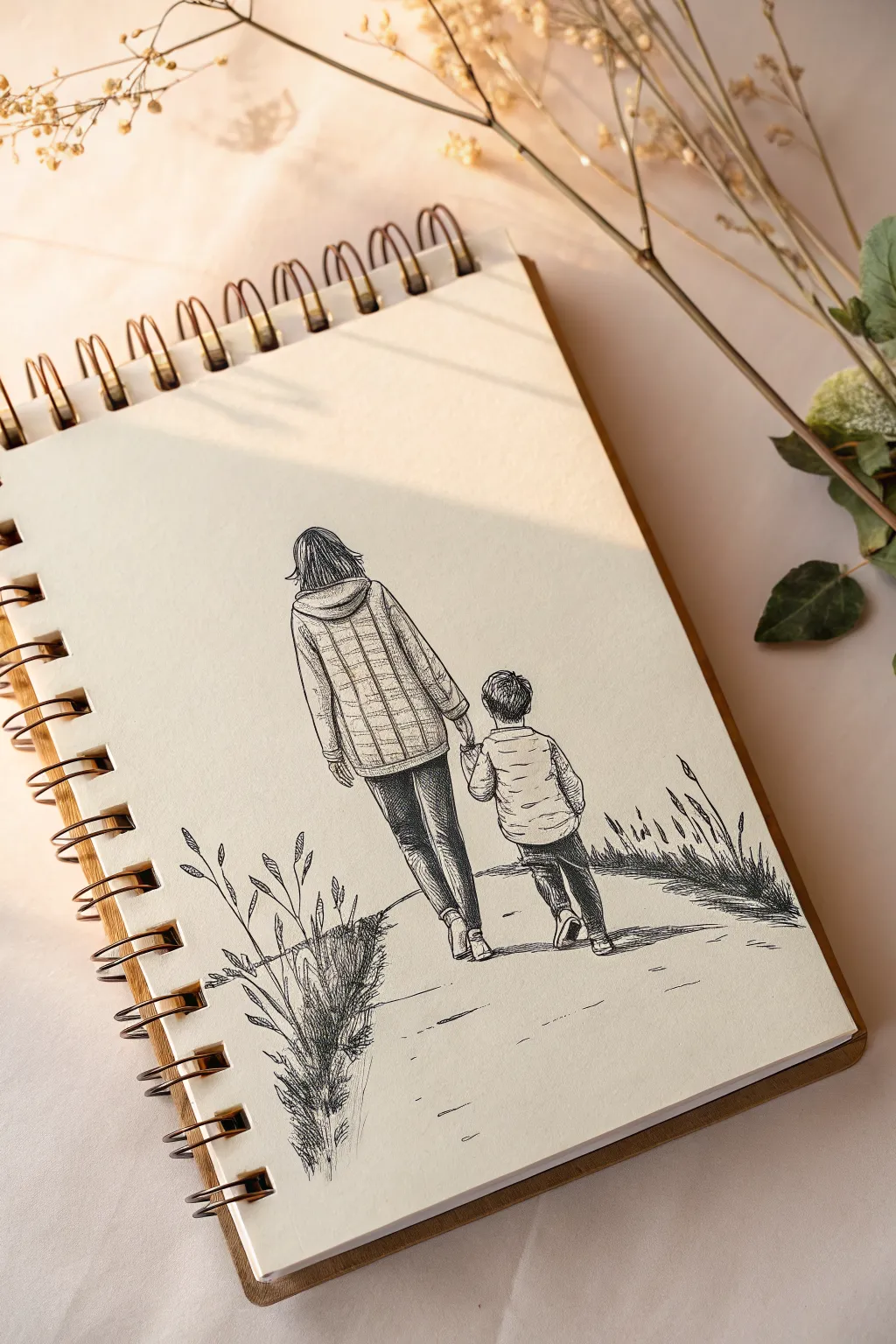 Back-view mother and son, hand in hand walk line drawing idea in calm Scandinavian style