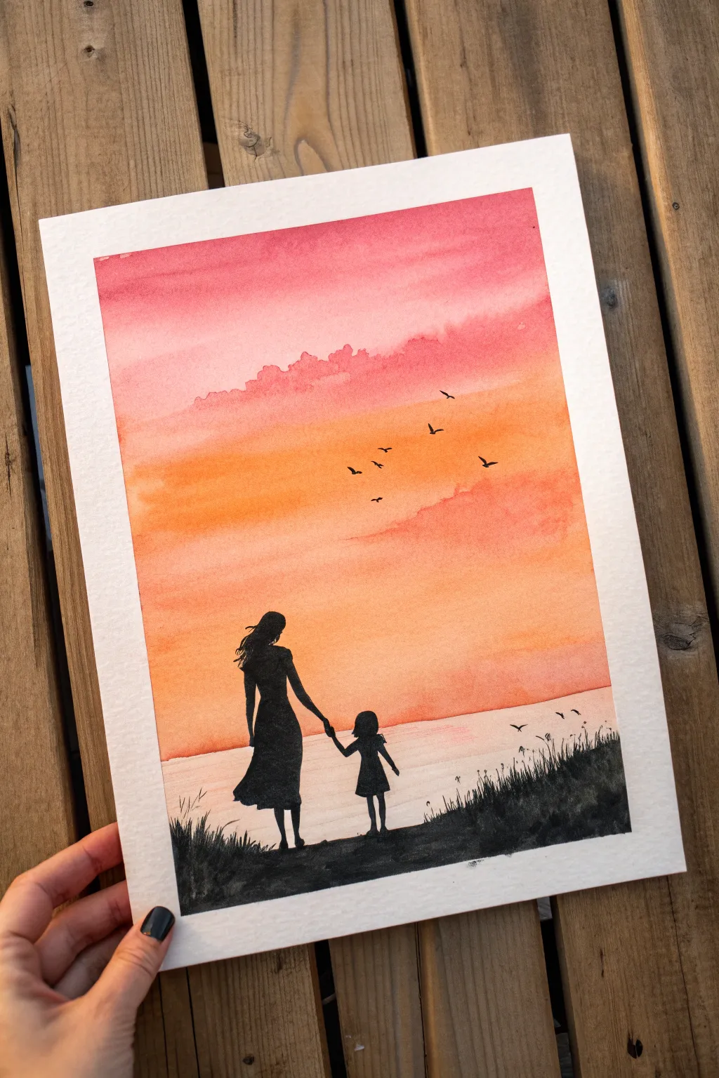 Minimal sunset silhouette painting of mom and daughter holding hands, easy and striking.