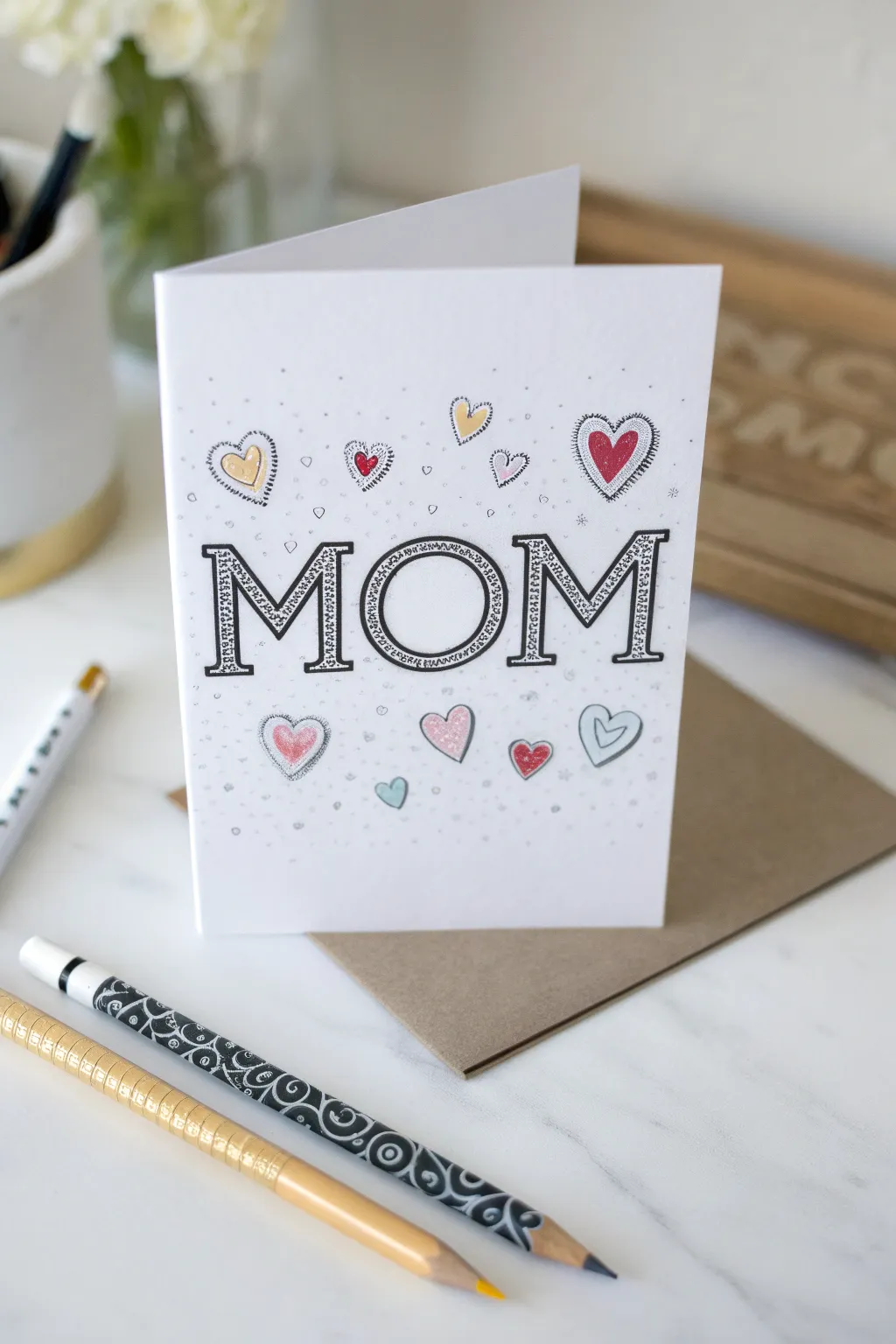 Chunky MOM bubble letters split from pencil sketch to inked hearts, perfect Mothers Day card idea