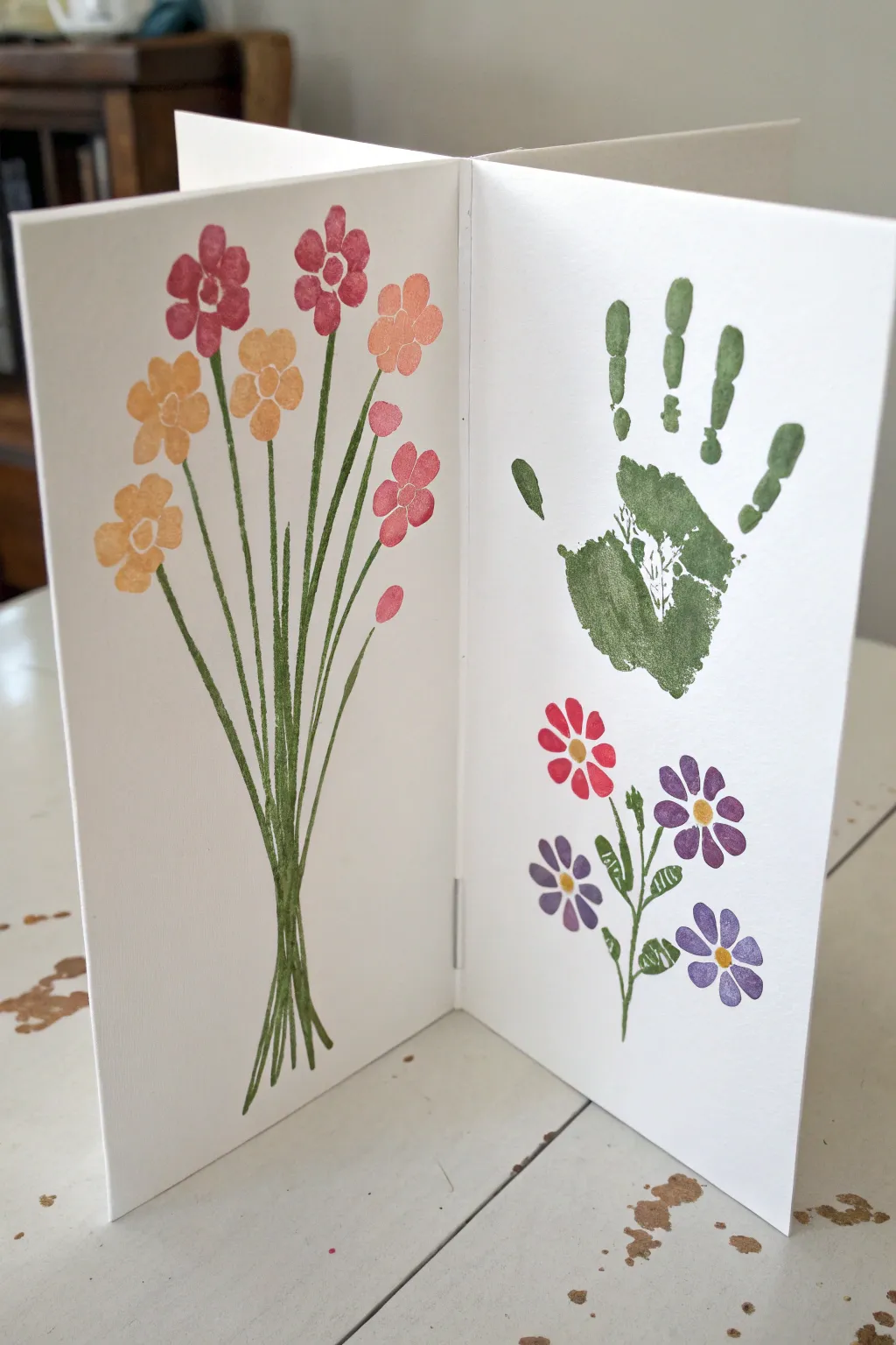 Minimal handprint bouquet card with fingerprint blossoms, a sweet Mothers Day craft to paint together.