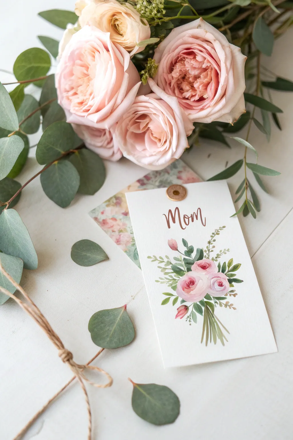 Soft watercolor bouquet with twine and a hand-painted Mom tag, minimalist and handmade.