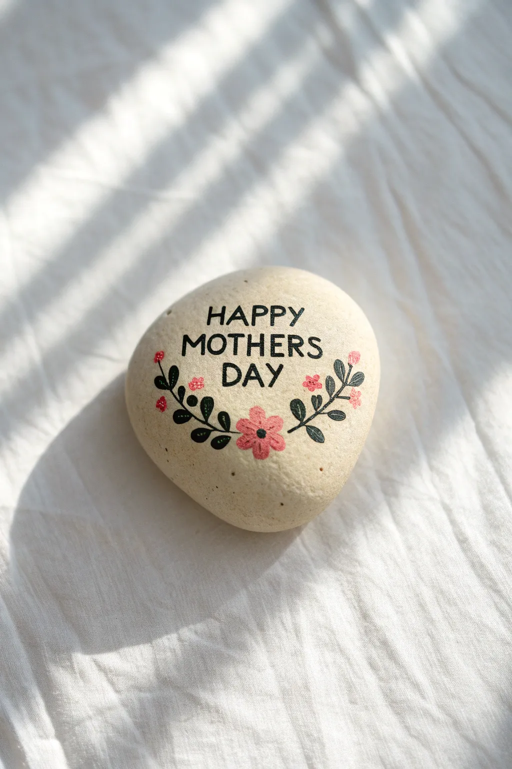 Simple Mothers Day lettered rock with soft pink accents on a clean minimalist backdrop.