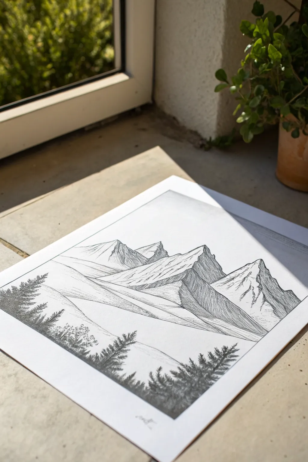 Classic jagged mountain range sketch with crisp shading, minimalist Scandinavian drawing inspiration