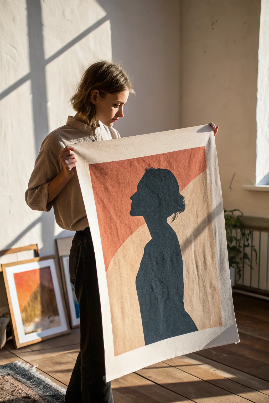 Paint a minimalist movie poster: one bold silhouette, color blocks, and a blank title space.