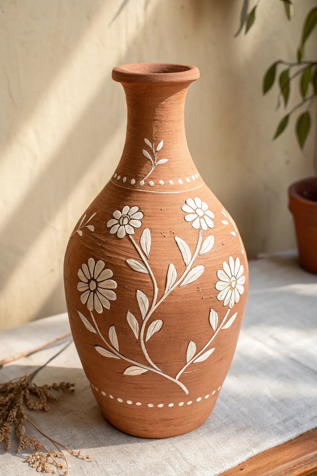 Classic white florals painted on warm terracotta for an earthy, minimalist boho mud vase look.