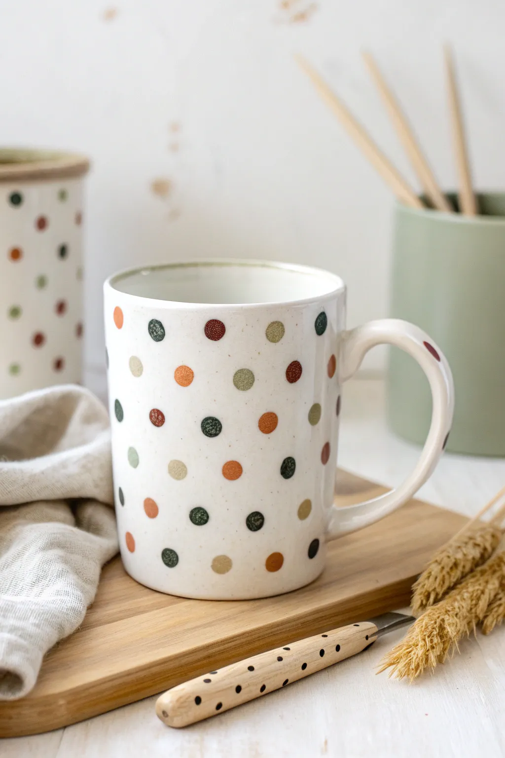 Classic polka dot mug painting in soft boho tones, simple, clean, and beginner friendly.