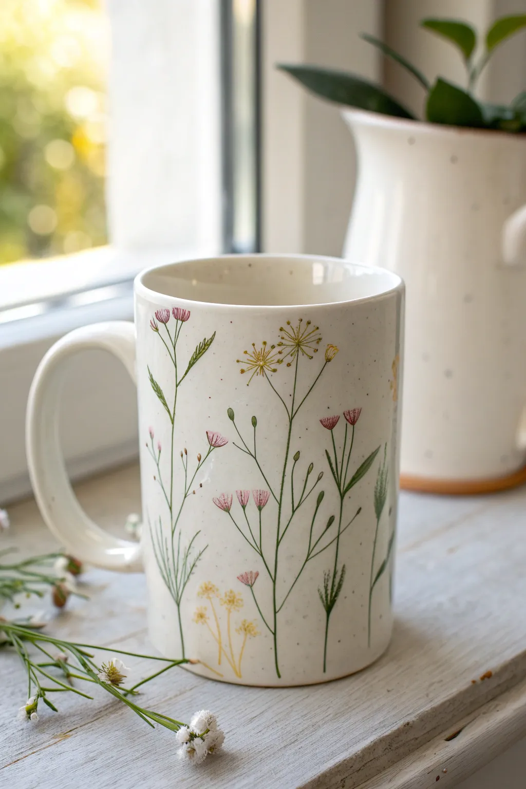 Simple wildflower stems on a white mug, airy minimalist look with soft pastel buds