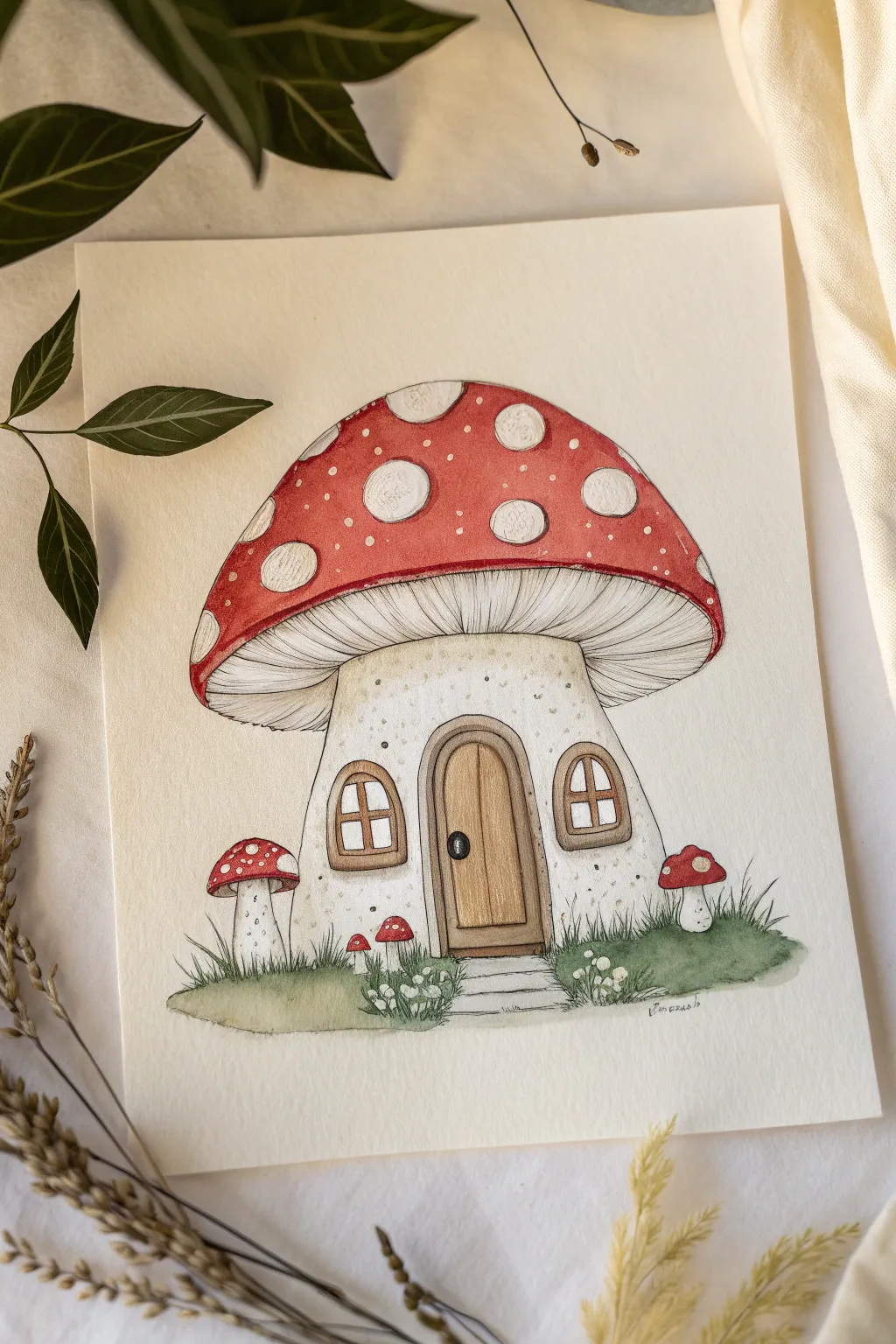 Classic spotted toadstool cottage illustration idea, clean lines and cozy minimal charm