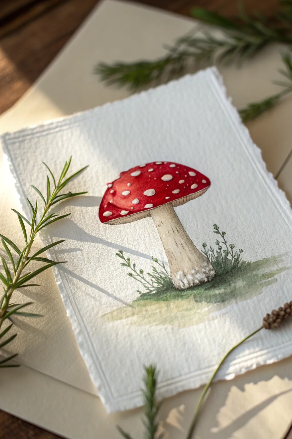 Classic red toadstool watercolor: bold cap, clean white spots, simple stem, beginner friendly.
