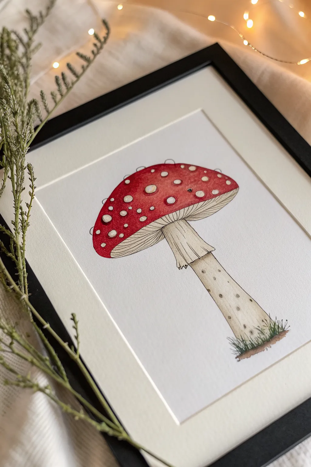 Weirdcore toadstool silhouette with tiny eyeball spots, bold red contrast on a deep void.