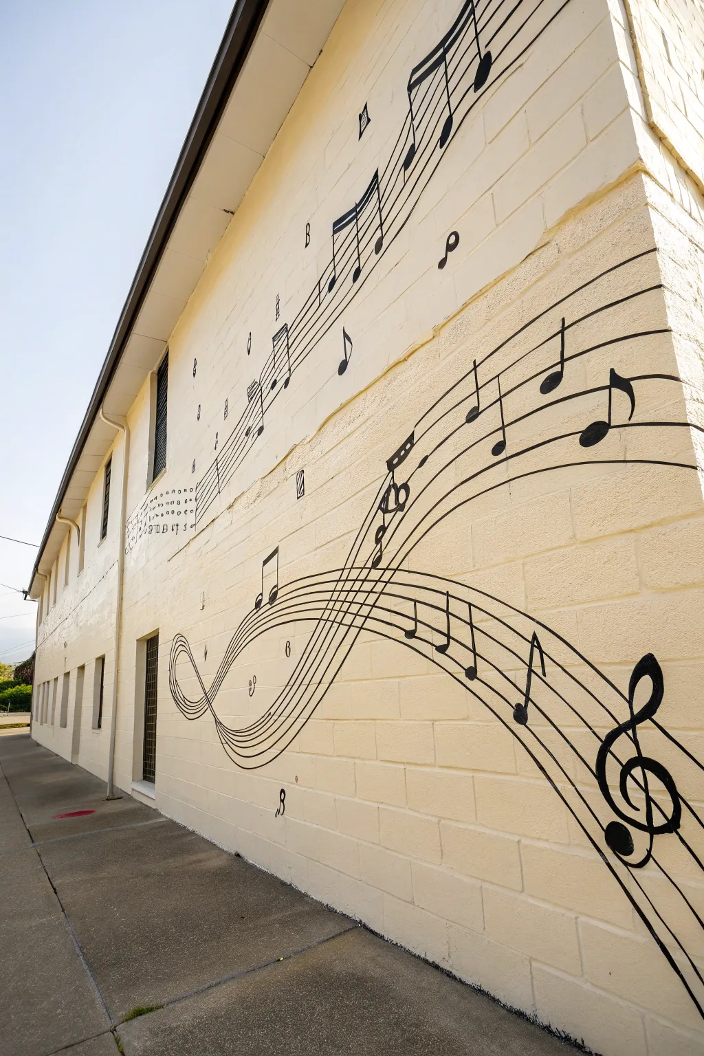 Airy Scandinavian music mural: sweeping staff lines and oversized notes with bold contrast and calm space