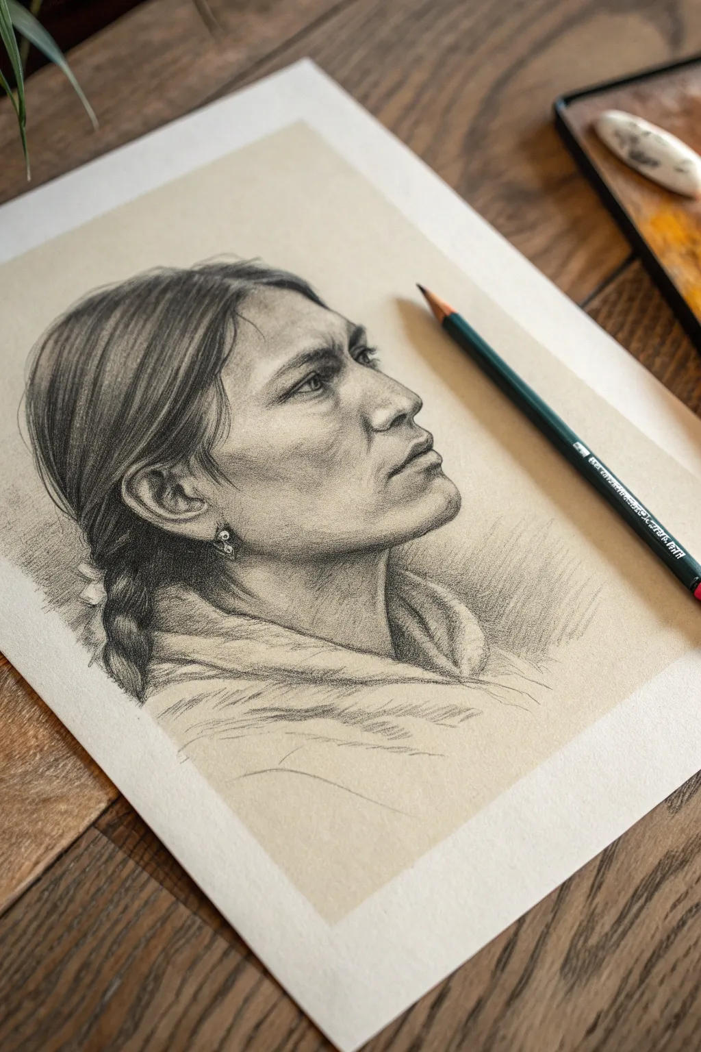 Minimal graphite side-profile portrait with strong features, calm expression, and striking contrast