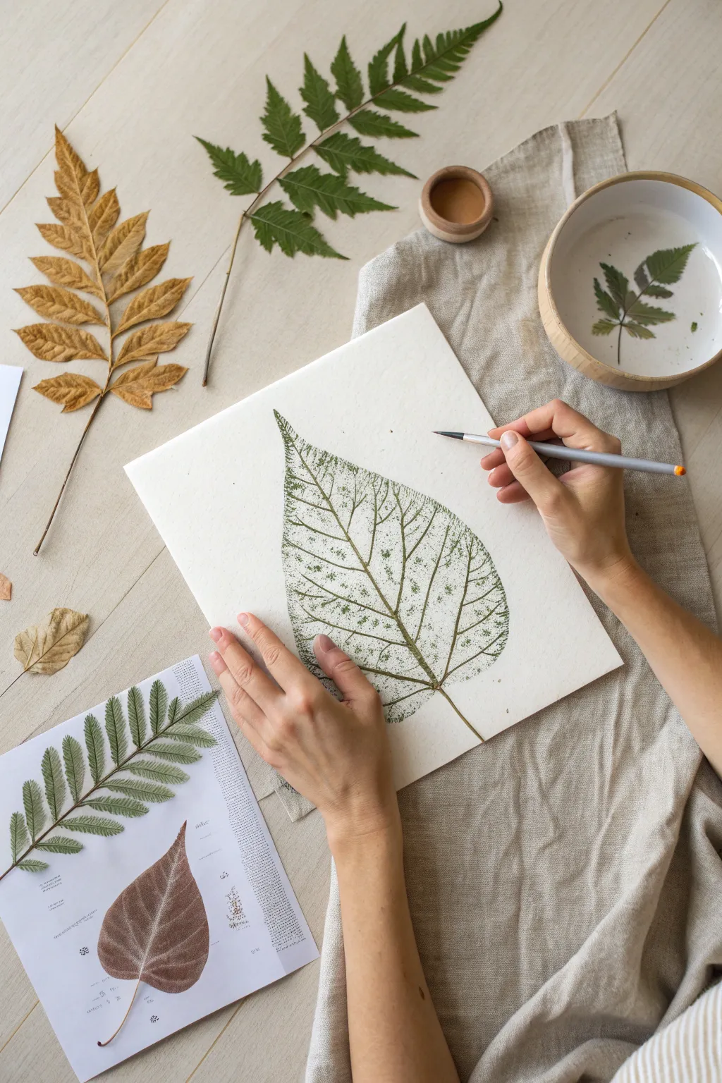 Press a painted leaf onto paper for crisp, nature-inspired prints in soft modern tones.